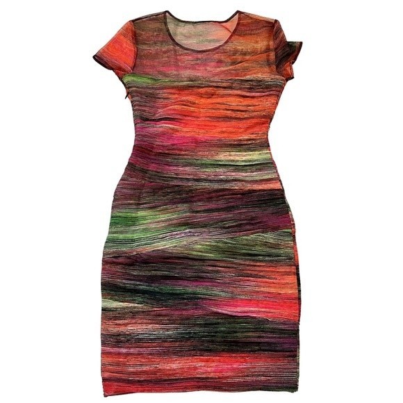 BCBG Max Azria Donna MultiColor Unique Ruched Dress Mesh Bodycon Cap Sleeve SZ S - Picture 2 of 12